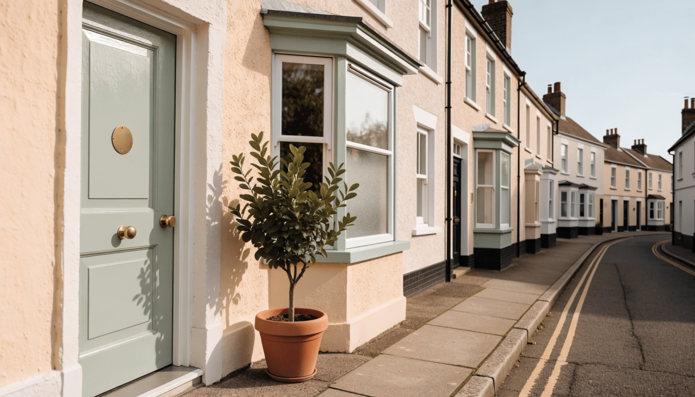 Dry sunny UK street with a sage practice door, blank brass plate and a potted bay tree