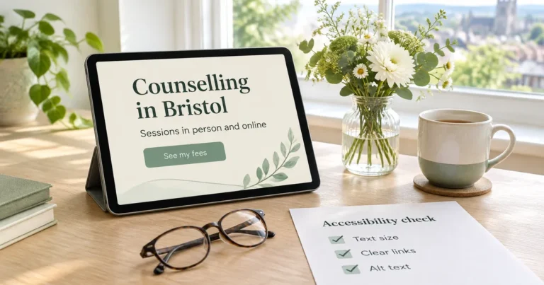 Soft daylight on a desk with a tablet showing a therapy website in large clear text, reading glasses and a printed checklist with ticks; no people