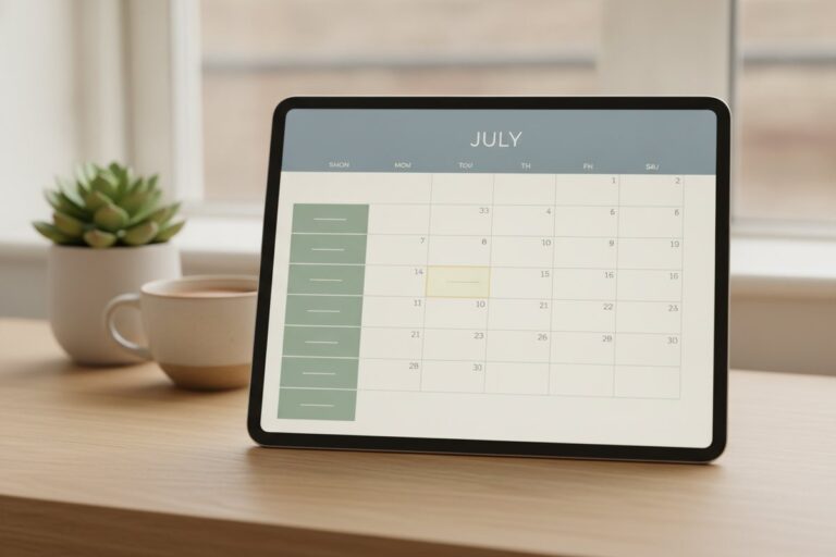 Tablet on a desk showing a booking calendar with available time slots
