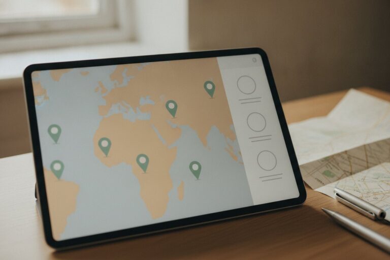 Tablet showing a map with location pins and a list of profiles