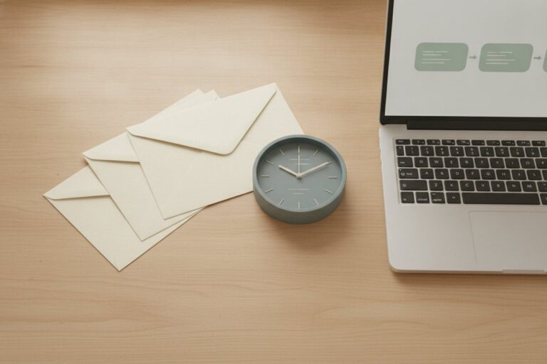 Envelopes and a clock beside a laptop showing an automated email sequence