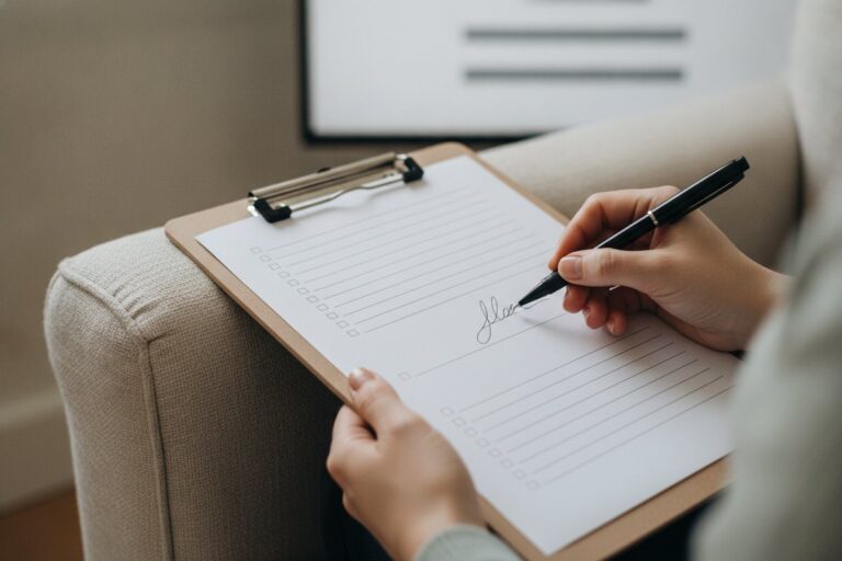 Hands signing a printed intake form on a clipboard