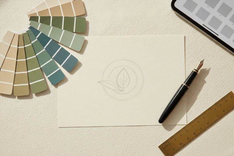 Colour swatches and a pencil sketch of a logo on cream paper