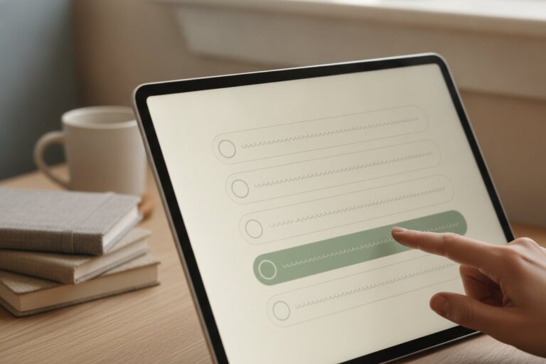 Tablet showing a multiple choice quiz question with one answer selected