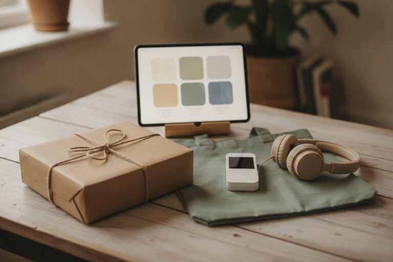 Parcel, shopping bag and headphones beside a tablet showing a product grid