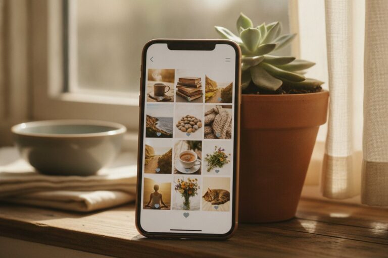 Phone on a windowsill showing a grid of social media photos