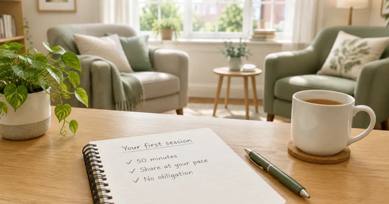 Bright morning daylight on a wooden desk in a therapy room with an open notebook headed Your first session and a short ticked list, a mug of tea and a plant; no people