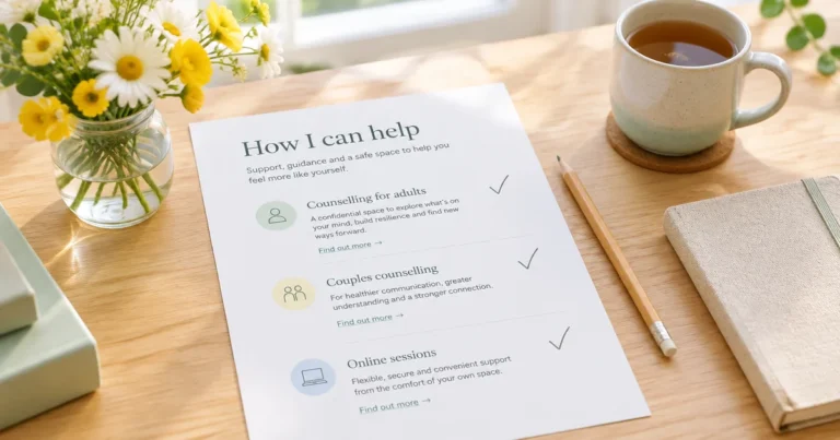 Bright daylight on a wooden table with a printed services page headed How I can help, three ticked sections, flowers and a mug of tea; no people