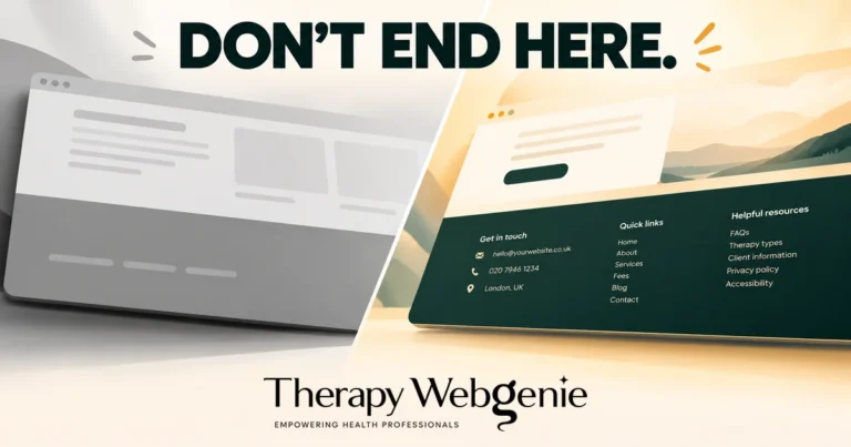 Split website illustration under the words Don't end here. On the left, a faded grey web page with an empty footer. On the right, the same page with a dark green footer showing contact details, quick links and a privacy policy link. Therapy Webgenie logo below.
